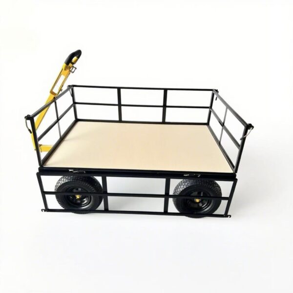 Black steel garden wagon low angle view
