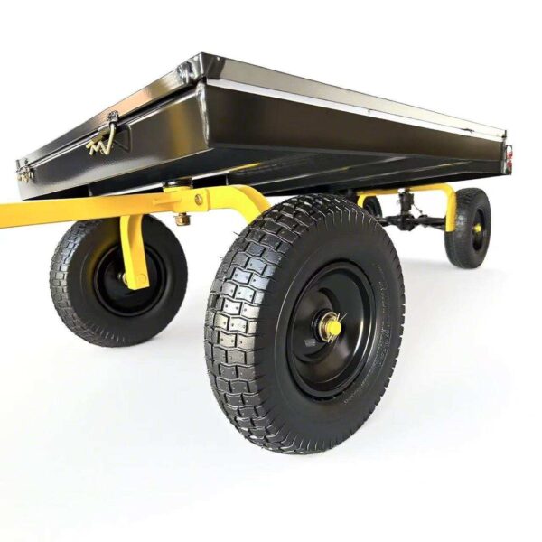 Black steel garden wagon in tipped position